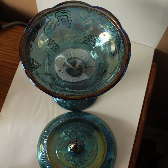Indiana Harvest Grape Carnival Glass Iridescent Blue Covered  Dish - Picture 3 of 4